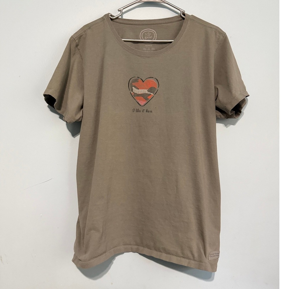 Life is Good Women's XXL T-Shirt I Like It Here Heart Graphic Olive Green 1508